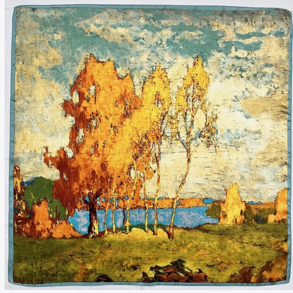 Silk like Fall Trees Print Head Scarf 35" Square Silk Hair Wrap